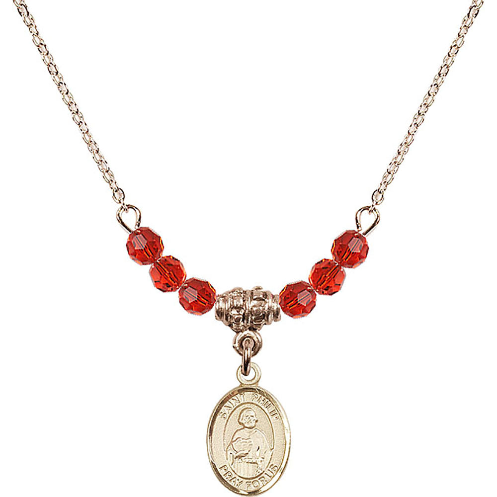 14kt Gold Filled Saint Philip the Apostle Birthstone Necklace with Ruby Beads - 9083