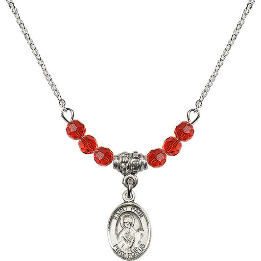 Sterling Silver Saint Paul the Apostle Birthstone Necklace with Ruby Beads - 9086