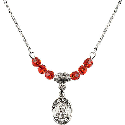 Sterling Silver Saint Peregrine Laziosi Birthstone Necklace with Ruby Beads - 9088