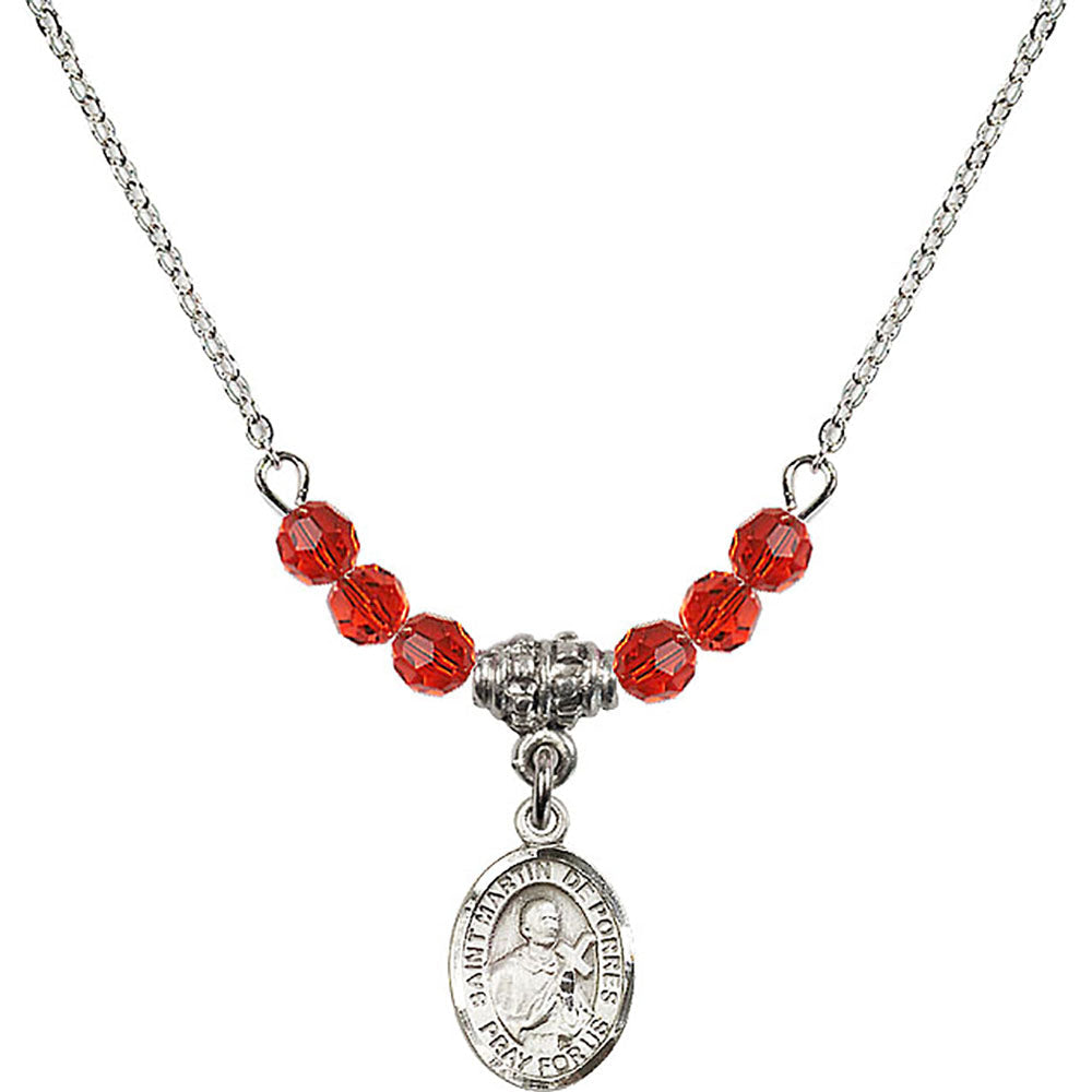 Sterling Silver Saint Martin de Porres Birthstone Necklace with Ruby Beads - 9089