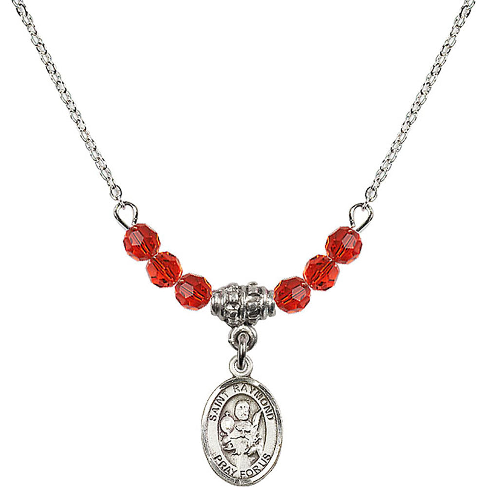 Sterling Silver Saint Raymond Nonnatus Birthstone Necklace with Ruby Beads - 9091
