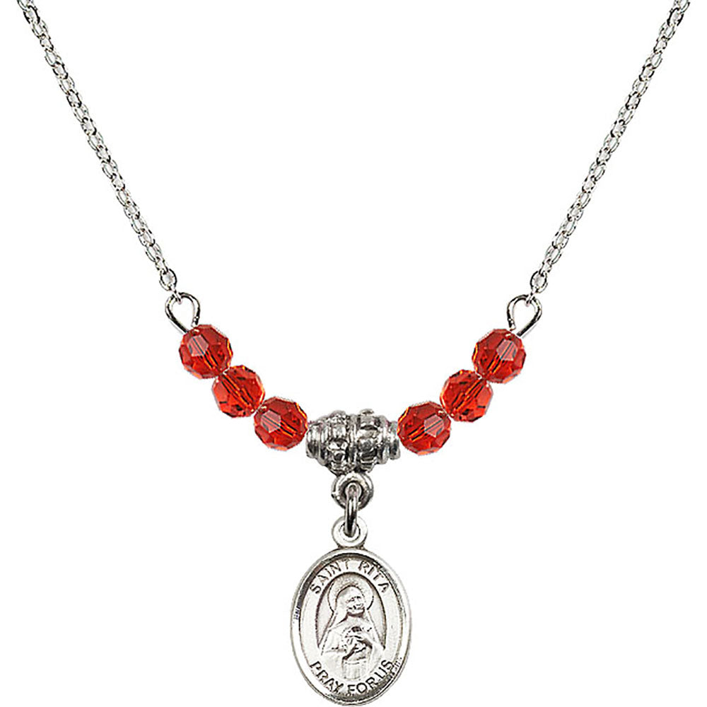 Sterling Silver Saint Rita of Cascia Birthstone Necklace with Ruby Beads - 9094
