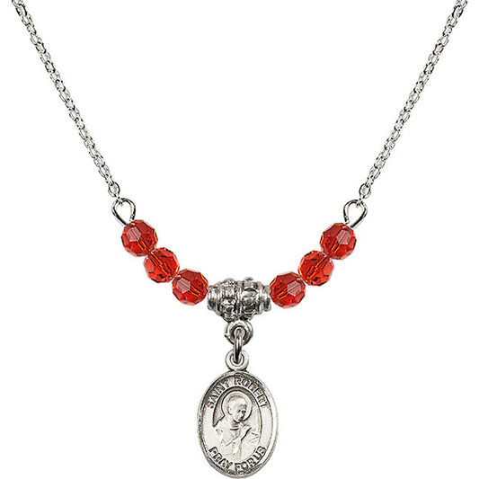 Sterling Silver Saint Robert Bellarmine Birthstone Necklace with Ruby Beads - 9096