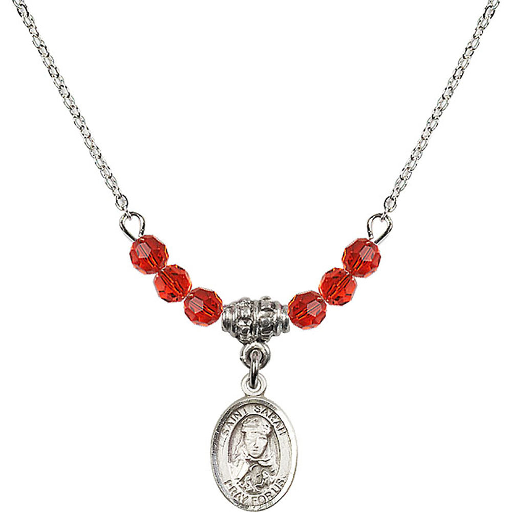 Sterling Silver Saint Sarah Birthstone Necklace with Ruby Beads - 9097