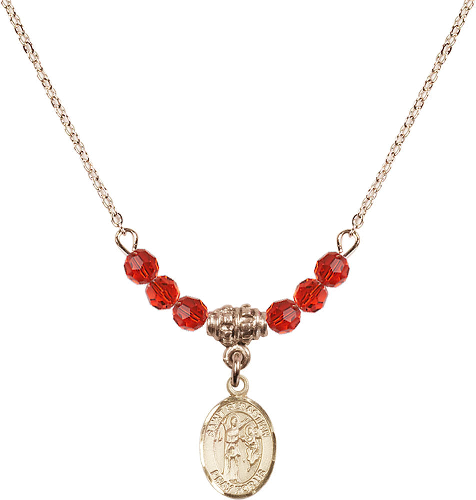 14kt Gold Filled Saint Sebastian Birthstone Necklace with Ruby Beads - 9100