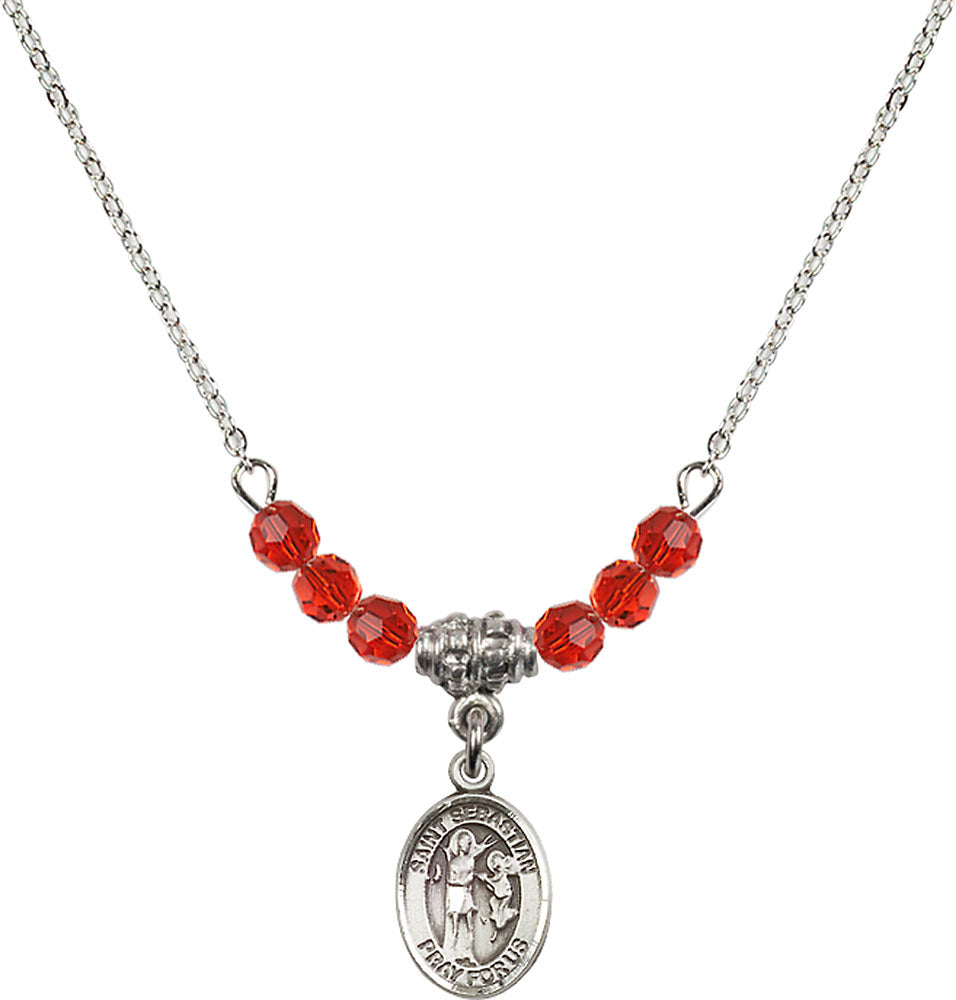 Sterling Silver Saint Sebastian Birthstone Necklace with Ruby Beads - 9100