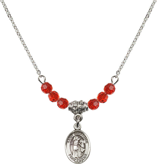 Sterling Silver Saint Sebastian Birthstone Necklace with Ruby Beads - 9100