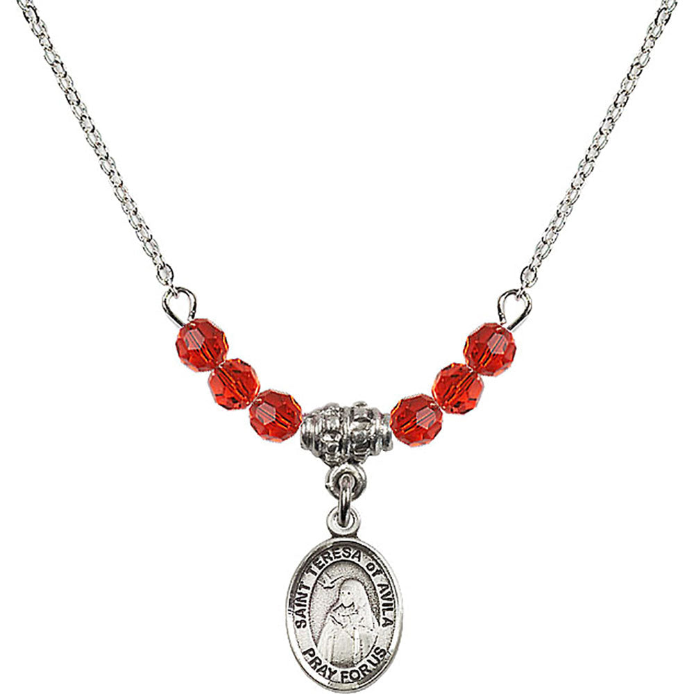 Sterling Silver Saint Teresa of Avila Birthstone Necklace with Ruby Beads - 9102