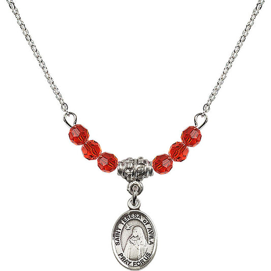 Sterling Silver Saint Teresa of Avila Birthstone Necklace with Ruby Beads - 9102