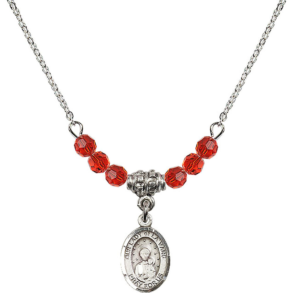 Sterling Silver Our Lady of la Vang Birthstone Necklace with Ruby Beads - 9115