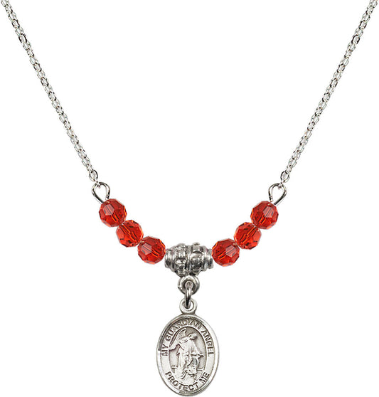 Sterling Silver Guardian Angel w/Child Birthstone Necklace with Ruby Beads - 9118