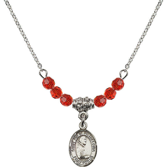 Sterling Silver Saint Pio of Pietrelcina Birthstone Necklace with Ruby Beads - 9125