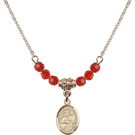14kt Gold Filled Saints Cosmas & Damian Birthstone Necklace with Ruby Beads - 9132