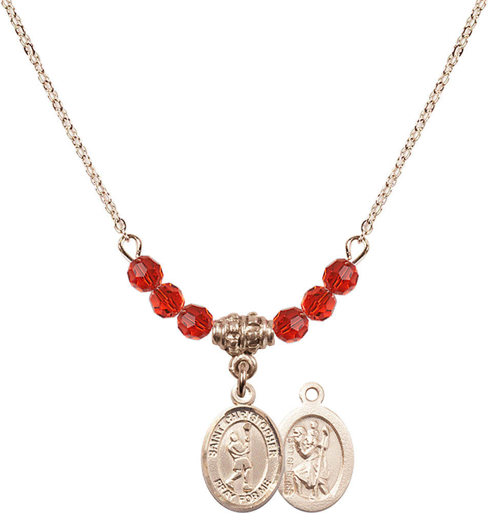 14kt Gold Filled Saint Christopher/Lacrosse Birthstone Necklace with Ruby Beads - 9144