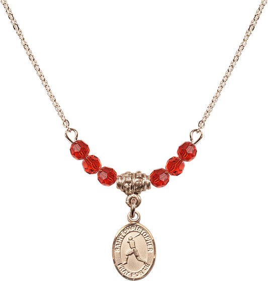 14kt Gold Filled Saint Christopher/Baseball Birthstone Necklace with Ruby Beads - 9150