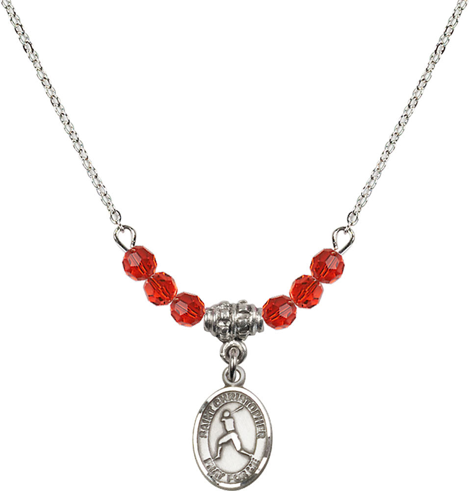 Sterling Silver Saint Christopher/Baseball Birthstone Necklace with Ruby Beads - 9150