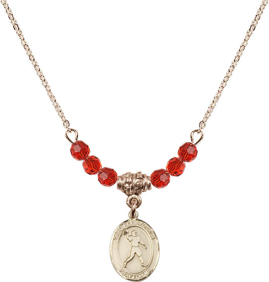 14kt Gold Filled Saint Christopher/Football Birthstone Necklace with Ruby Beads - 9151