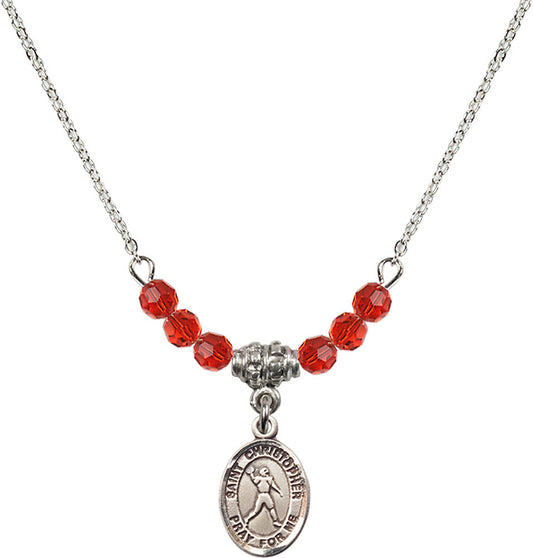 Sterling Silver Saint Christopher/Football Birthstone Necklace with Ruby Beads - 9151