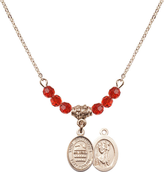 14kt Gold Filled Saint Christopher/Swimming Birthstone Necklace with Ruby Beads - 9157