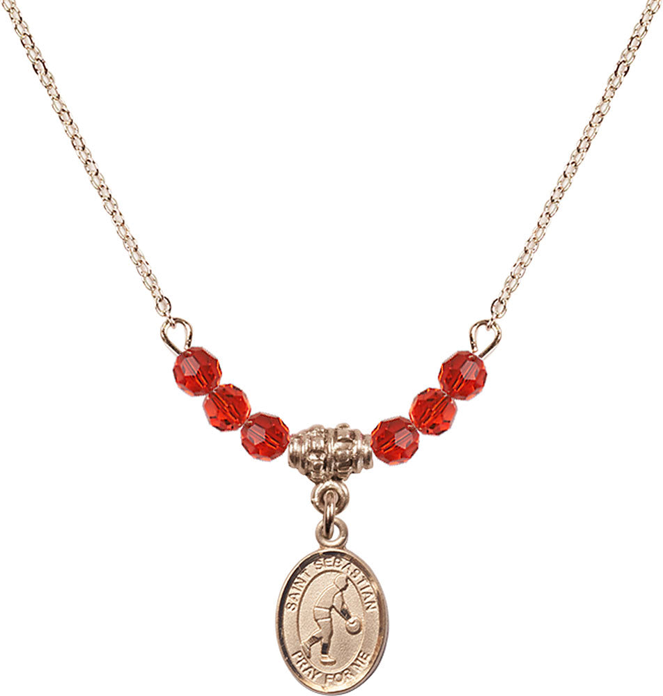 14kt Gold Filled Saint Sebastian/Basketball Birthstone Necklace with Ruby Beads - 9163