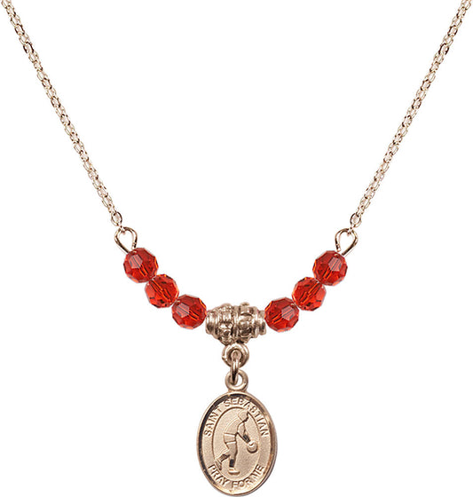 14kt Gold Filled Saint Sebastian/Basketball Birthstone Necklace with Ruby Beads - 9163