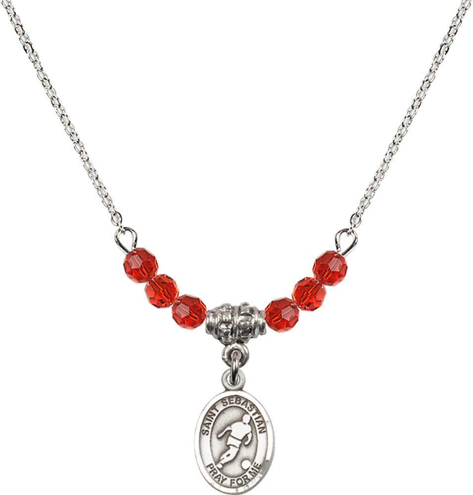 Sterling Silver Saint Sebastian/Soccer Birthstone Necklace with Ruby Beads - 9164