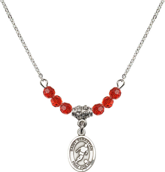 Sterling Silver Saint Sebastian/Soccer Birthstone Necklace with Ruby Beads - 9164