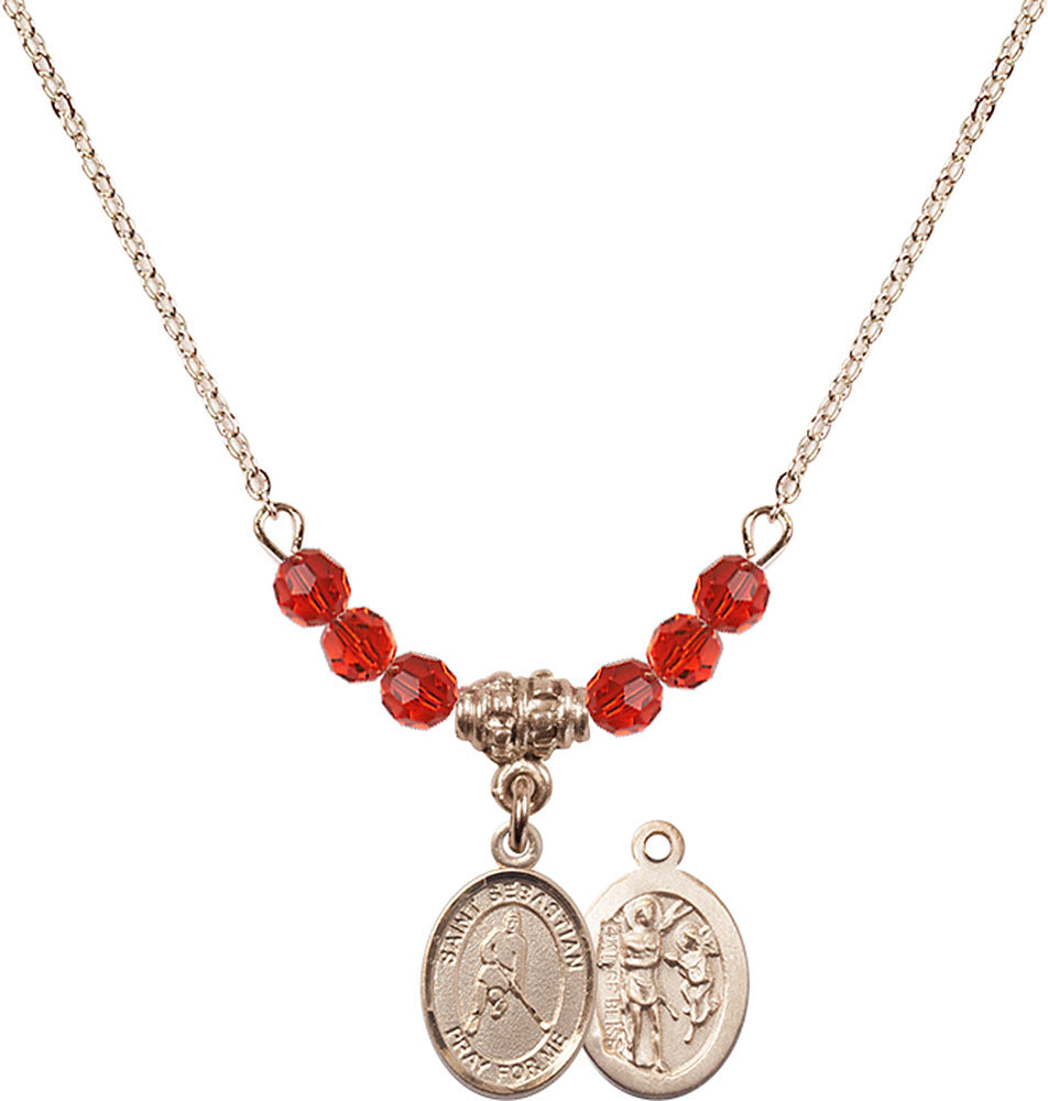 14kt Gold Filled Saint Sebastian/Ice Hockey Birthstone Necklace with Ruby Beads - 9165