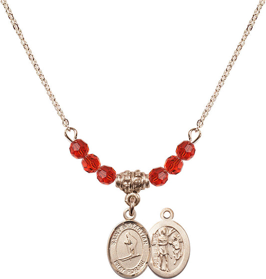 14kt Gold Filled Saint Sebastian/Skiing Birthstone Necklace with Ruby Beads - 9169