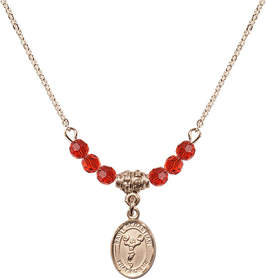 14kt Gold Filled Saint Sebastian/Cheerleading Birthstone Necklace with Ruby Beads - 9170
