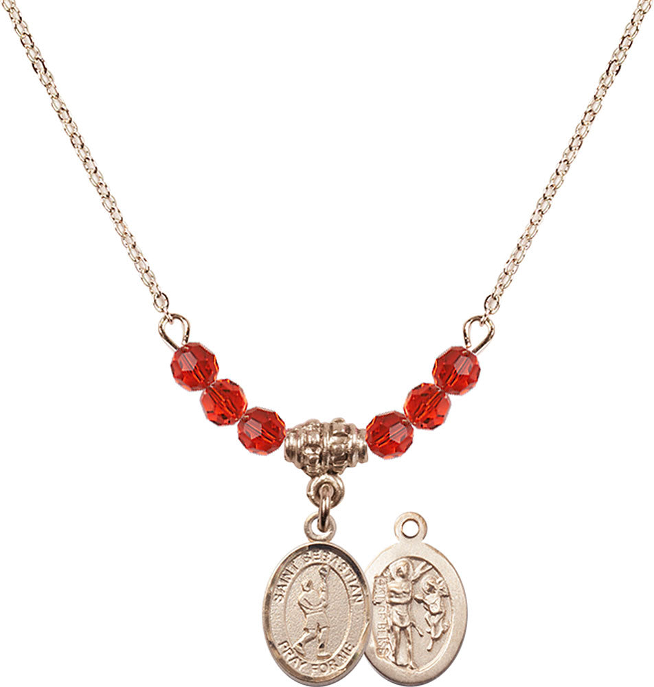 14kt Gold Filled Saint Sebastian/Lacrosse Birthstone Necklace with Ruby Beads - 9174