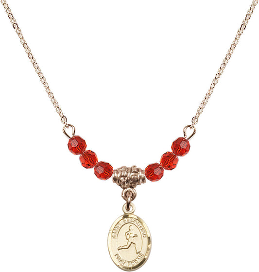 14kt Gold Filled Saint Sebastian/Track & Field Birthstone Necklace with Ruby Beads - 9176