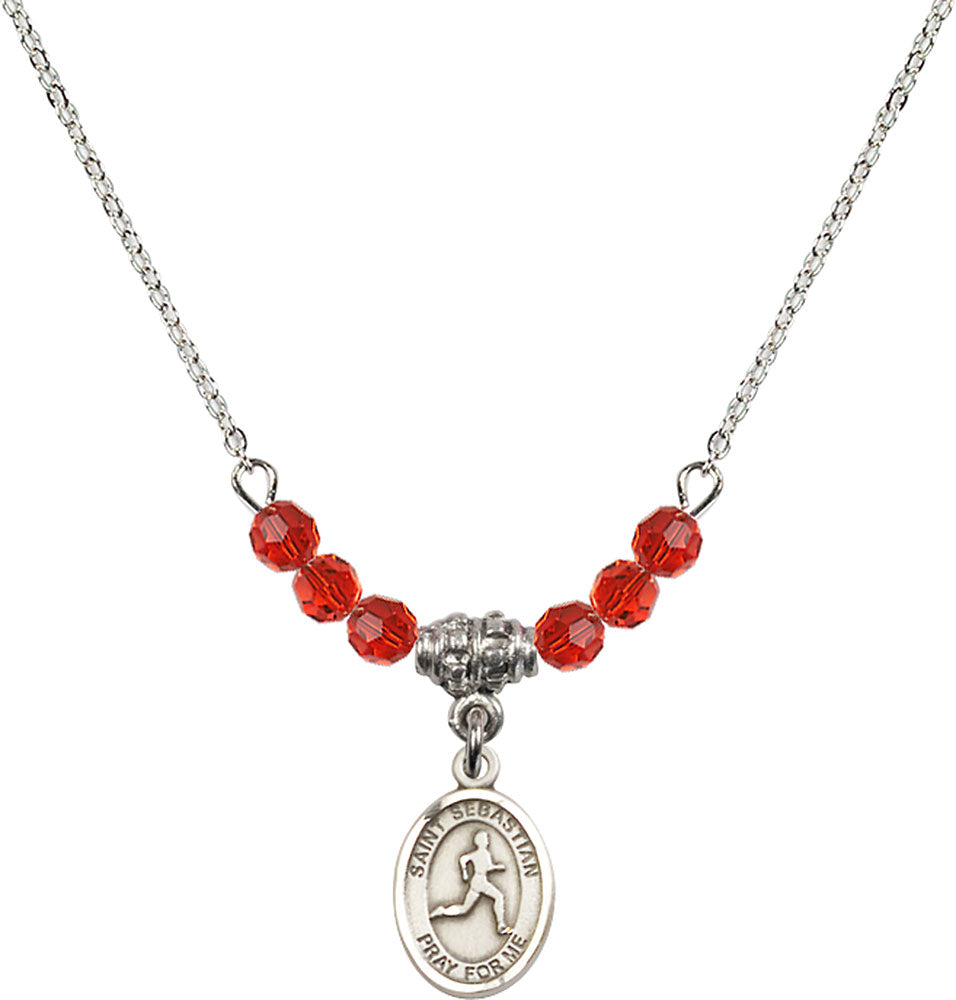 Sterling Silver Saint Sebastian/Track & Field Birthstone Necklace with Ruby Beads - 9176