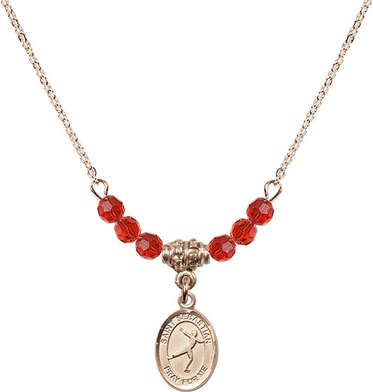 14kt Gold Filled Saint Sebastian/Figure Skating Birthstone Necklace with Ruby Beads - 9177