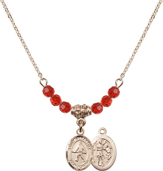 14kt Gold Filled Saint Sebastian/Field Hockey Birthstone Necklace with Ruby Beads - 9178