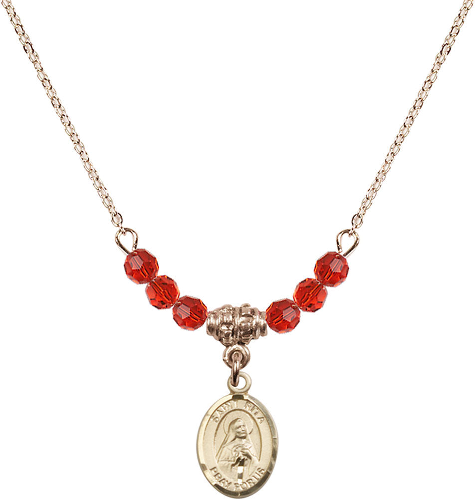 14kt Gold Filled Saint Rita / Baseball Birthstone Necklace with Ruby Beads - 9181