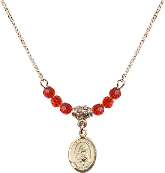 14kt Gold Filled Saint Rita / Baseball Birthstone Necklace with Ruby Beads - 9181