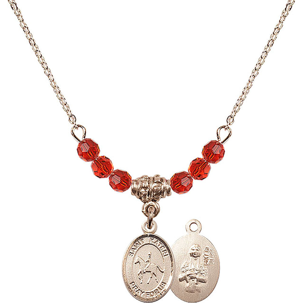 14kt Gold Filled Saint Kateri/Equestrian Birthstone Necklace with Ruby Beads - 9182
