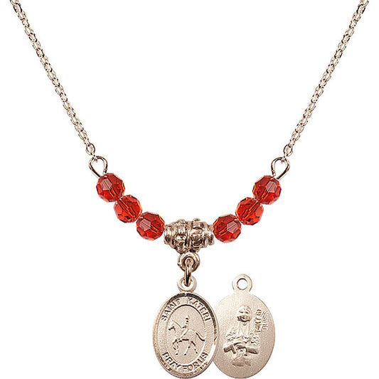 14kt Gold Filled Saint Kateri/Equestrian Birthstone Necklace with Ruby Beads - 9182