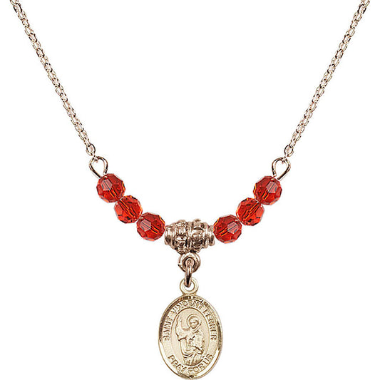 14kt Gold Filled Saint Vincent Ferrer Birthstone Necklace with Ruby Beads - 9201