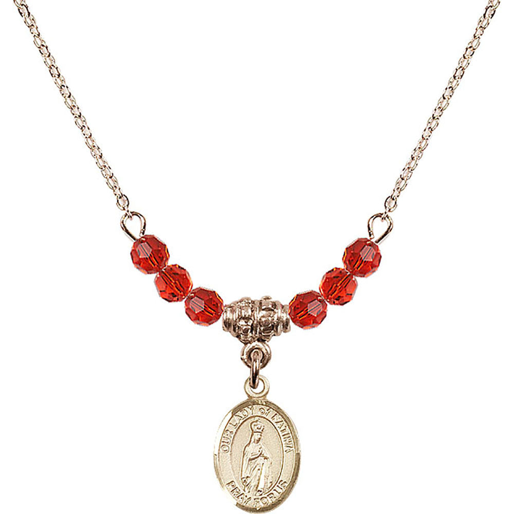 14kt Gold Filled Our Lady of Fatima Birthstone Necklace with Ruby Beads - 9205