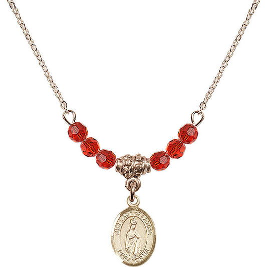 14kt Gold Filled Our Lady of Fatima Birthstone Necklace with Ruby Beads - 9205