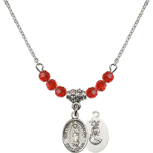 Sterling Silver Our Lady of Guadalupe Birthstone Necklace with Ruby Beads - 9206