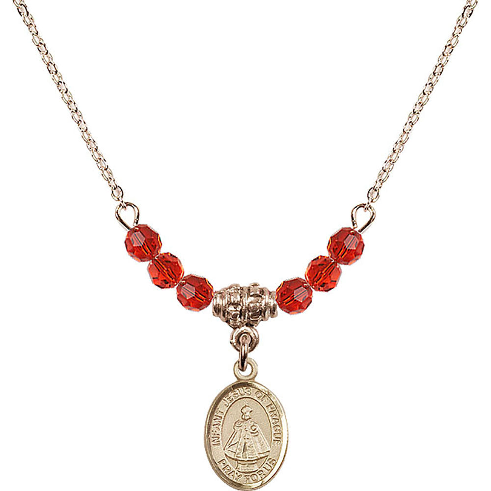 14kt Gold Filled Infant of Prague Birthstone Necklace with Ruby Beads - 9207