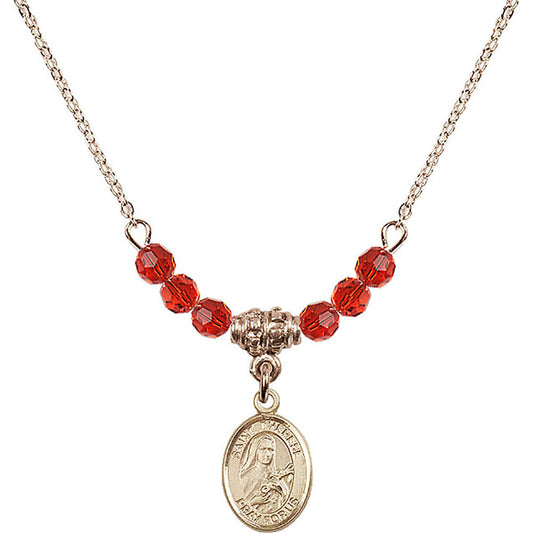 14kt Gold Filled Saint Therese of Lisieux Birthstone Necklace with Ruby Beads - 9210