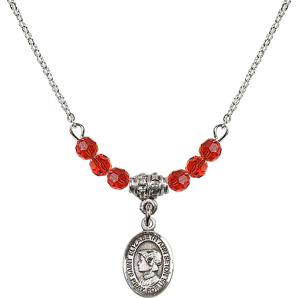 Sterling Silver Saint Elizabeth Ann Seton Birthstone Necklace with Ruby Beads - 9224