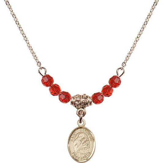 14kt Gold Filled Saint Aloysius Gonzaga Birthstone Necklace with Ruby Beads - 9225