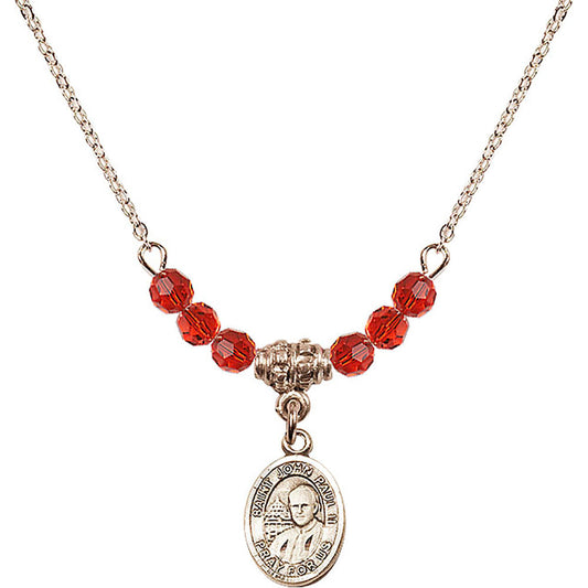14kt Gold Filled Saint John Paul II Birthstone Necklace with Ruby Beads - 9234