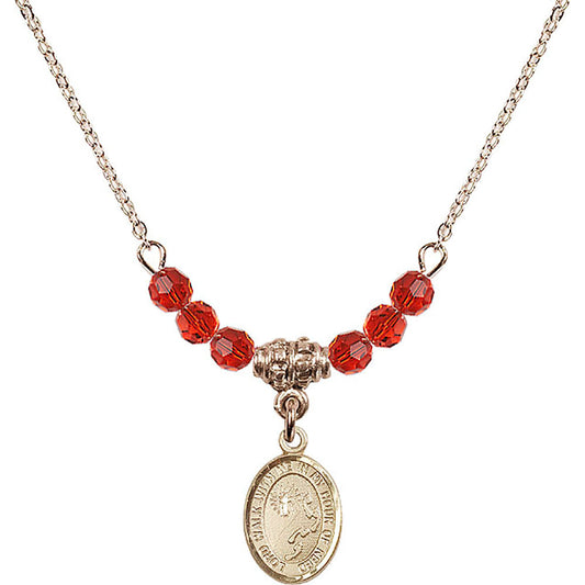 14kt Gold Filled Footprints / Cross Birthstone Necklace with Ruby Beads - 9237