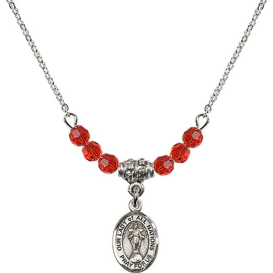 Sterling Silver Our Lady of All Nations Birthstone Necklace with Ruby Beads - 9242